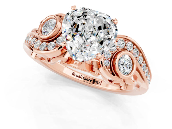 Rose gold Heart Cut Moissanite Solitaire Ring with Milgrain Pavé Band and Four-Prong Setting