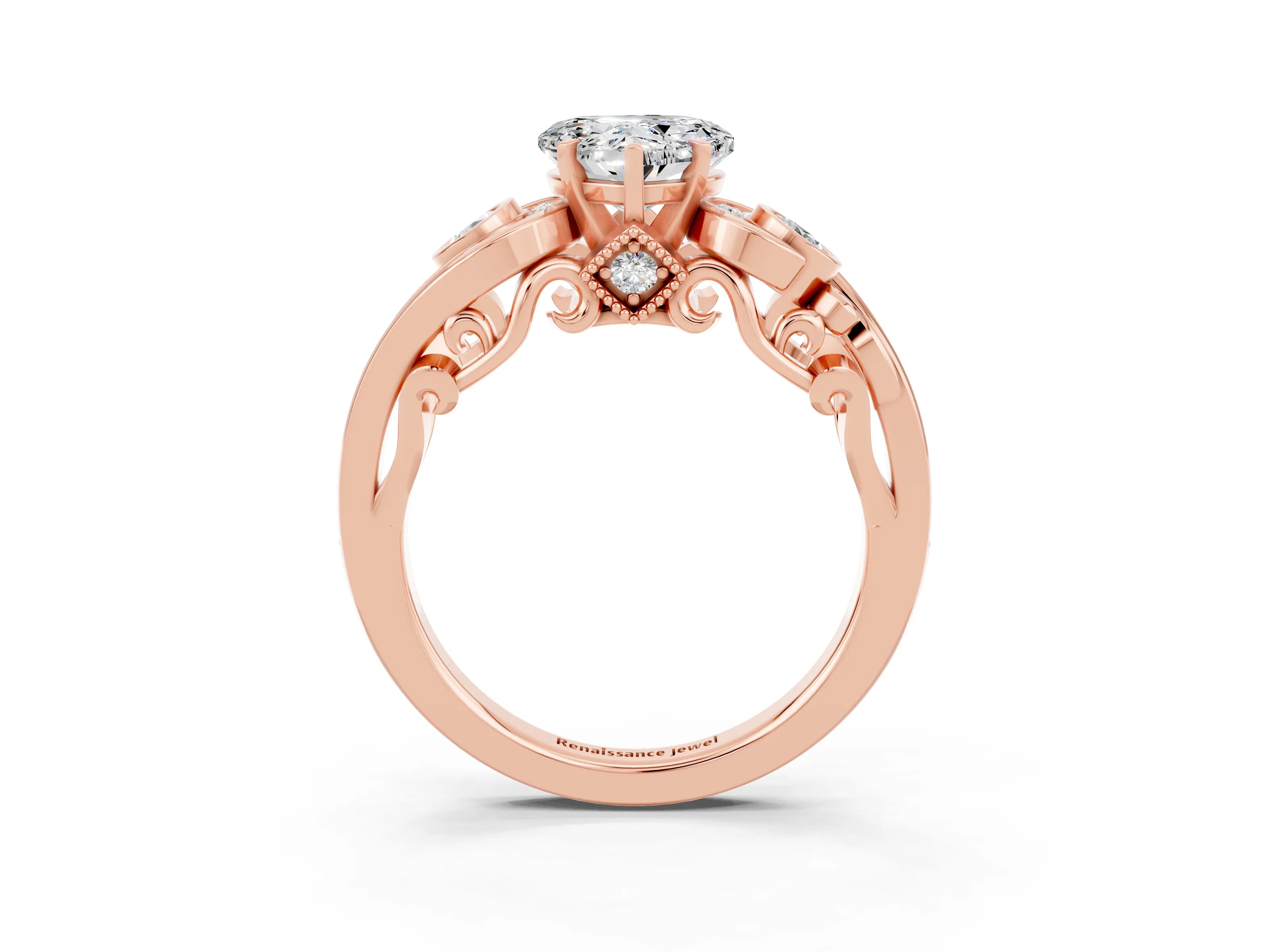 Rose gold Heart Cut Moissanite Solitaire Ring with Milgrain Pavé Band and Four-Prong Setting_27