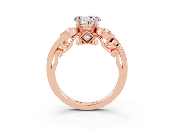 Rose gold Heart Cut Moissanite Solitaire Ring with Milgrain Pavé Band and Four-Prong Setting