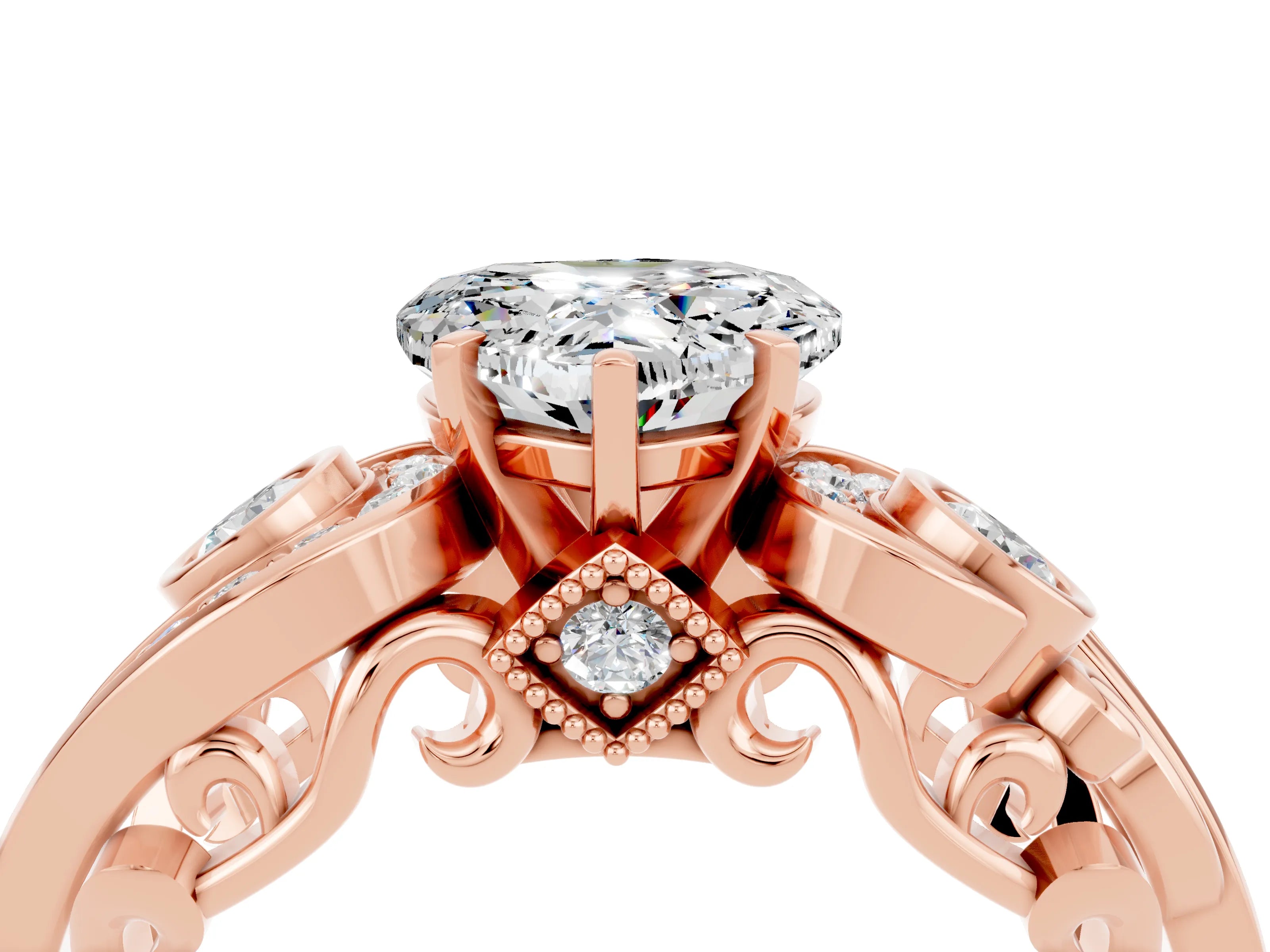 Rose gold Heart Cut Moissanite Solitaire Ring with Milgrain Pavé Band and Four-Prong Setting_28