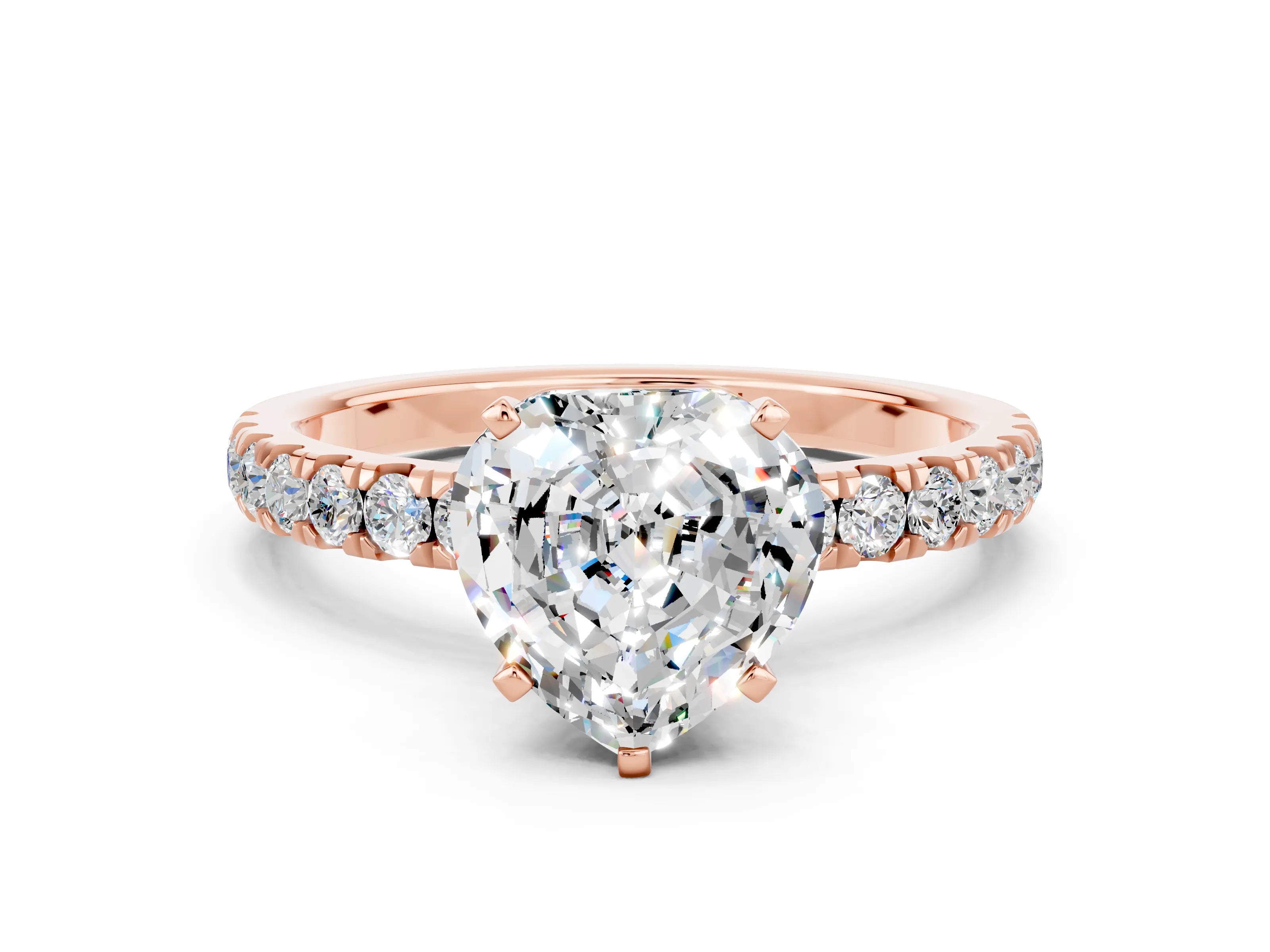 Rose gold Heart Cut Moissanite Solitaire Ring with Pavé Accents and Four-Prong Setting