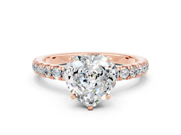 Rose gold Heart Cut Moissanite Solitaire Ring with Pavé Accents and Four-Prong Setting