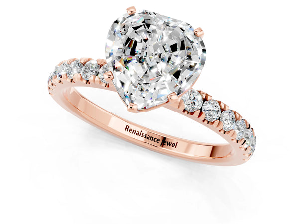 Rose gold Heart Cut Moissanite Solitaire Ring with Pavé Accents and Four-Prong Setting