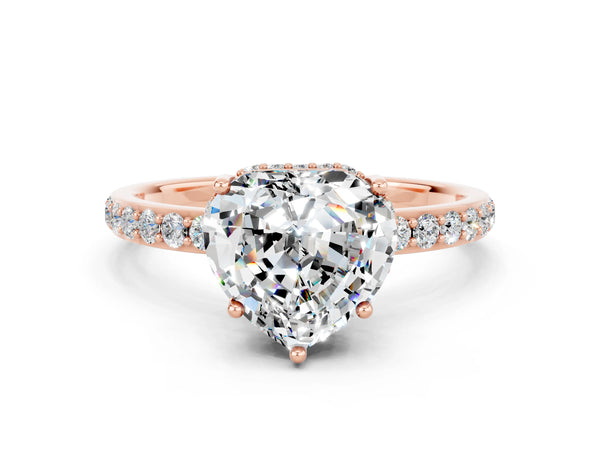 Rose gold Heart Cut Moissanite Solitaire Ring with Pavé Band and Hidden Halo