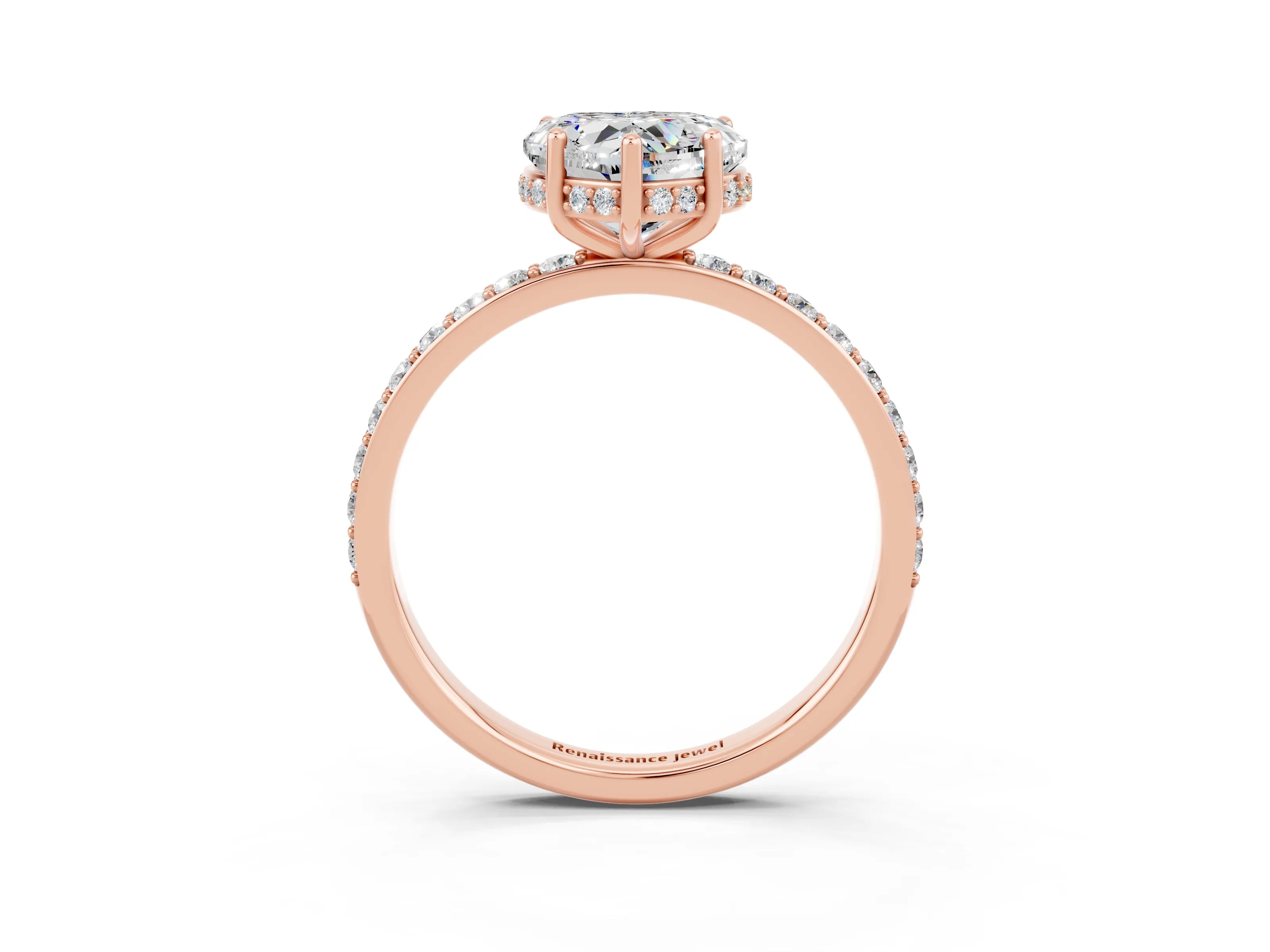 Rose gold Heart Cut Moissanite Solitaire Ring with Pavé Band and Hidden Halo_15