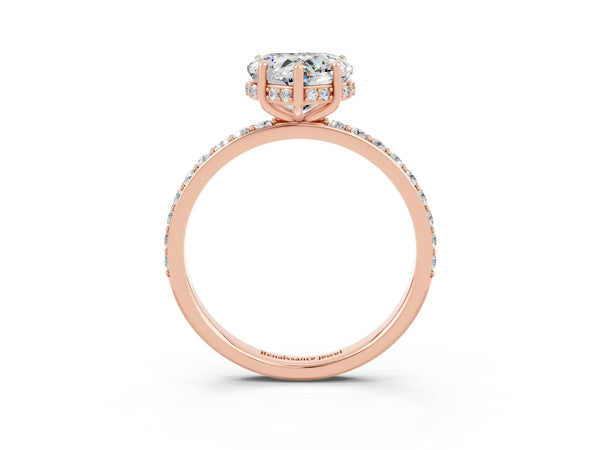 Rose gold Heart Cut Moissanite Solitaire Ring with Pavé Band and Hidden Halo