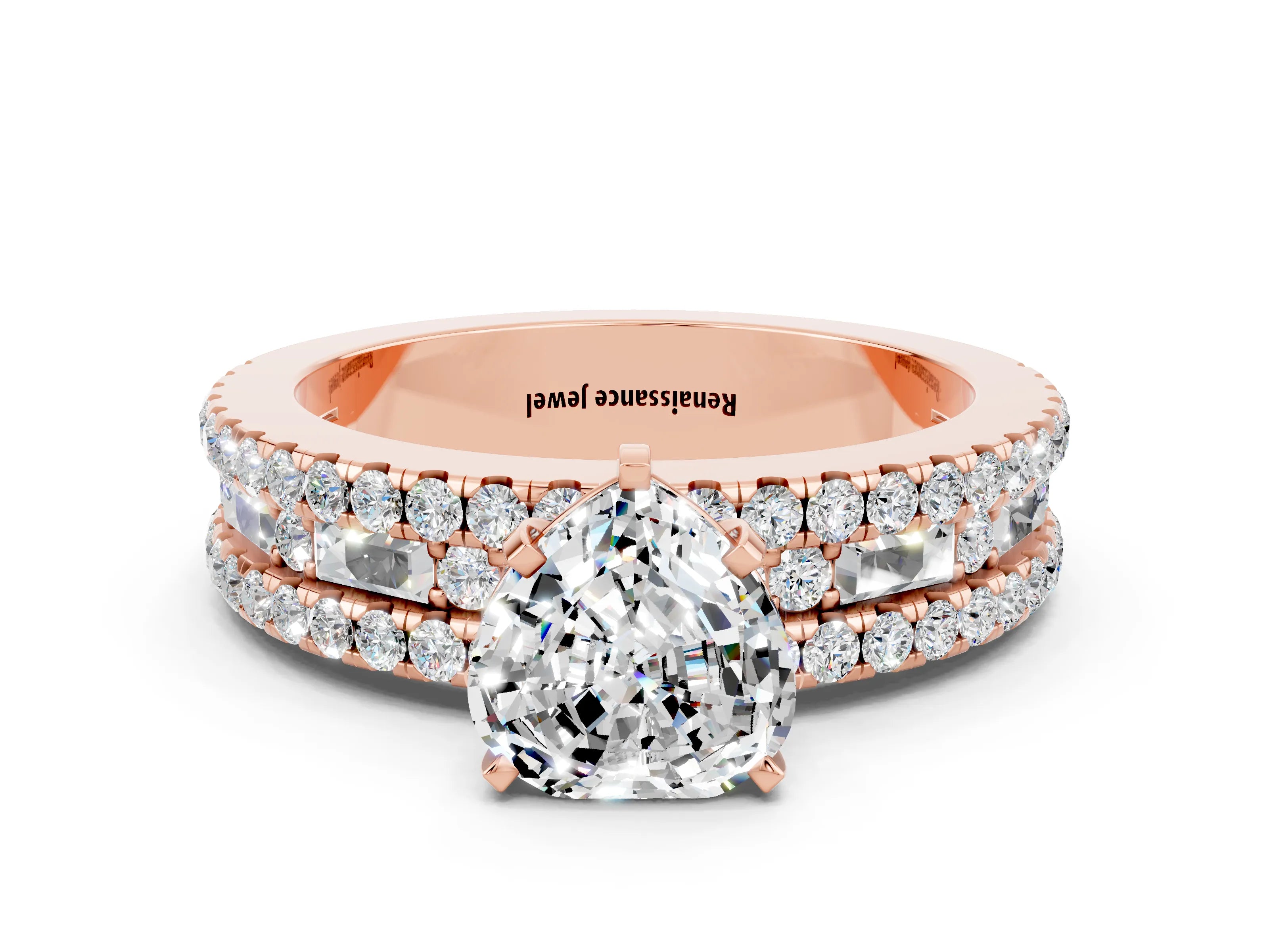 Rose gold Heart Cut Moissanite Solitaire Ring with Pavé and Channel Set Band