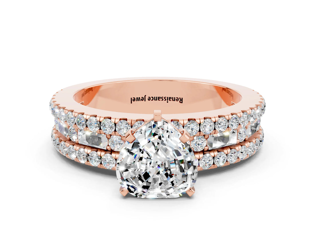 Rose gold Heart Cut Moissanite Solitaire Ring with Pavé and Channel Set Band
