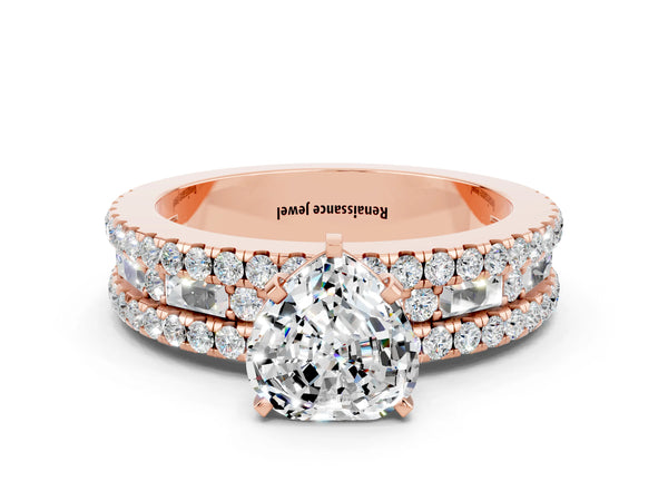 Rose gold Heart Cut Moissanite Solitaire Ring with Pavé and Channel Set Band
