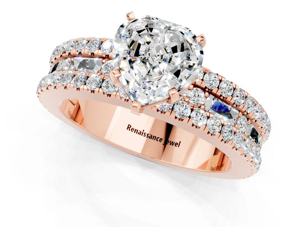 Rose gold Heart Cut Moissanite Solitaire Ring with Pavé and Channel Set Band
