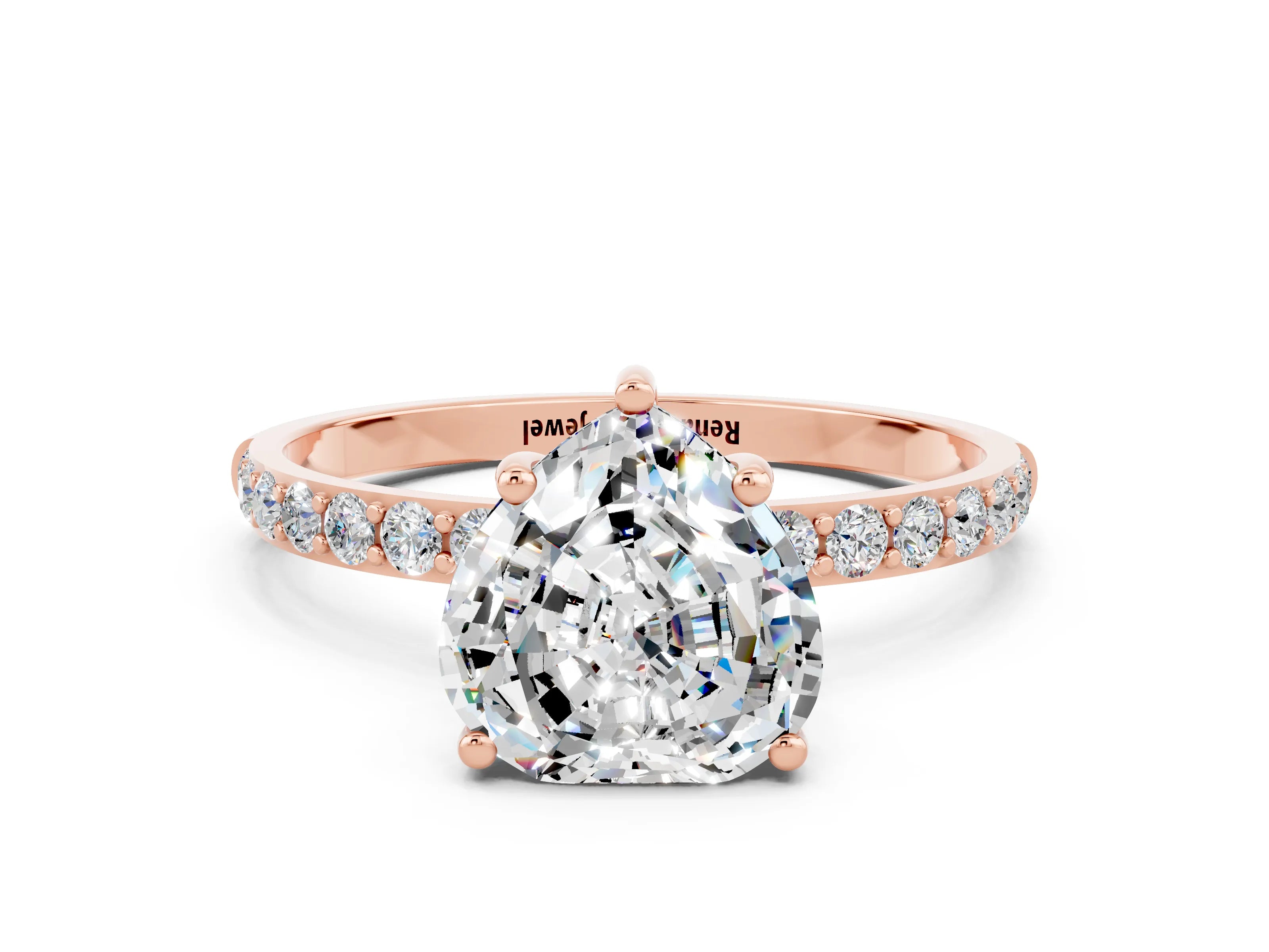 Rose gold Heart Cut Moissanite Solitaire Ring with Pave Band and Four Prong Setting_24