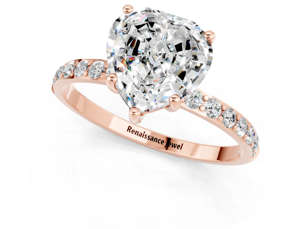 Rose gold Heart Cut Moissanite Solitaire Ring with Round  Pavé Band and Prong Setting