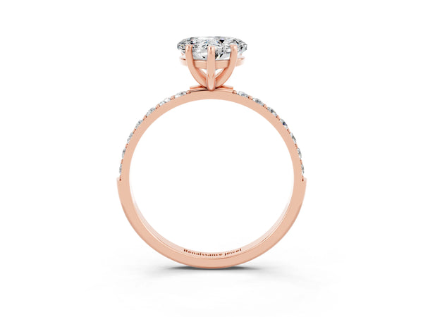 Rose gold Heart Cut Moissanite Solitaire Ring with Round  Pavé Band and Prong Setting