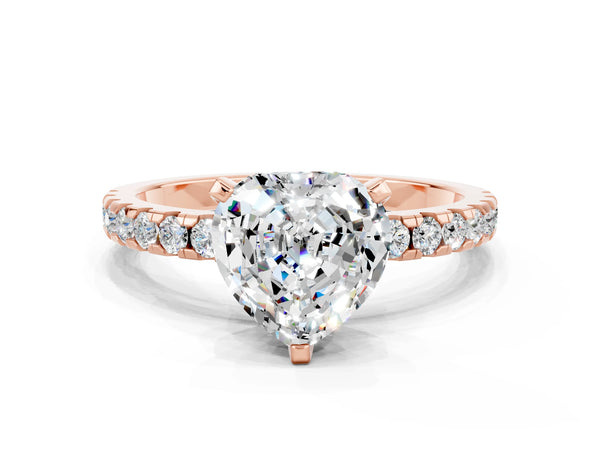 Rose gold Heart Cut Moissanite Solitaire Ring with Round  Pavé Band and Four-Prong Setting