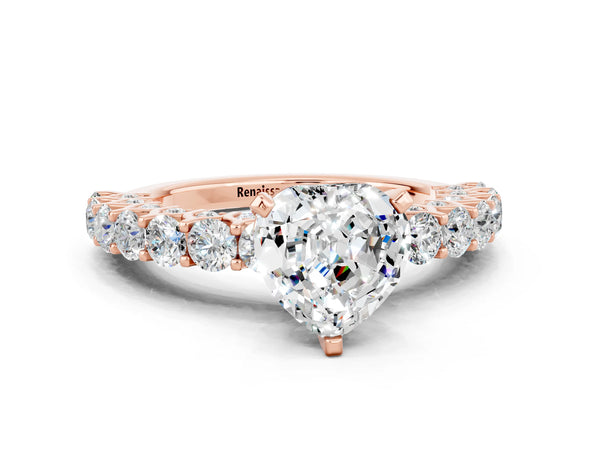 Rose gold Heart Cut Moissanite Solitaire Ring with Shared Prong Pavé Band and Four-Prong Setting
