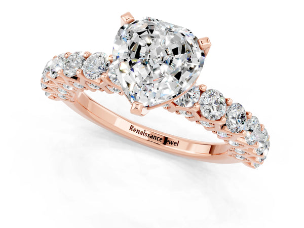 Rose gold Heart Cut Moissanite Solitaire Ring with Shared Prong Pavé Band and Four-Prong Setting