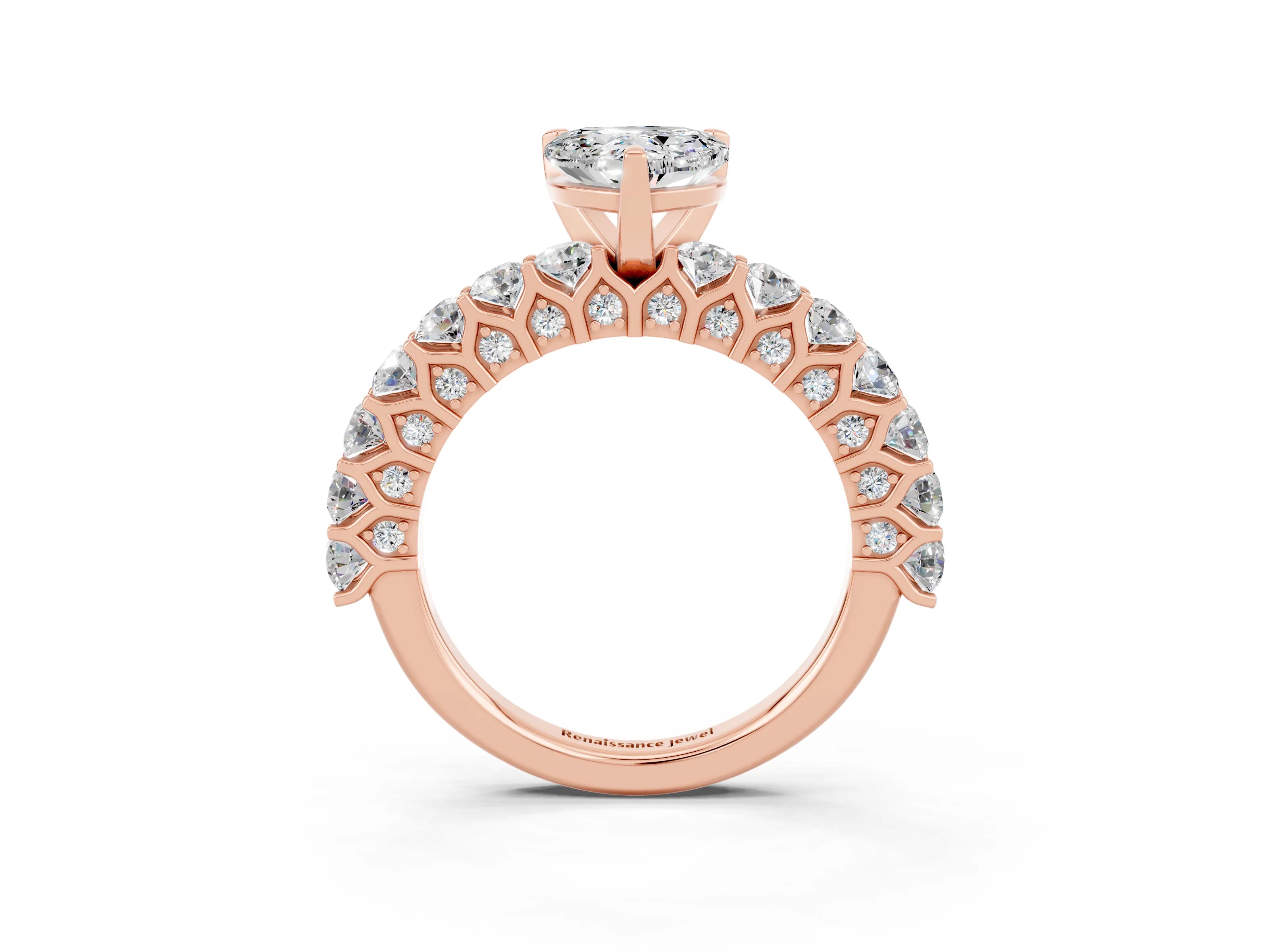 Rose gold Heart Cut Moissanite Solitaire Ring with Shared Prong Pavé Band and Four-Prong Setting_15