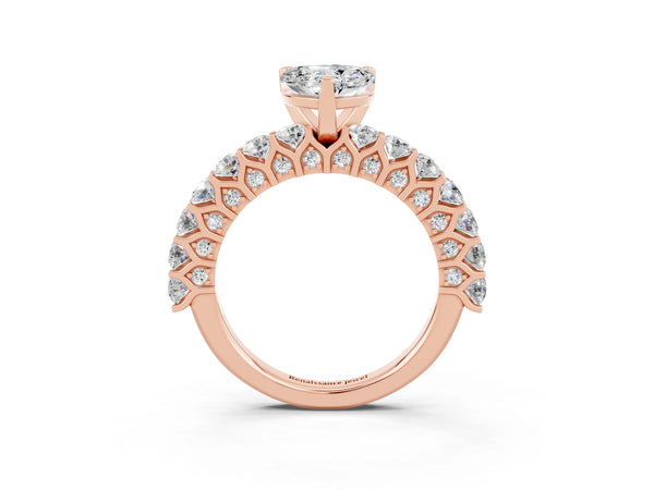 Rose gold Heart Cut Moissanite Solitaire Ring with Shared Prong Pavé Band and Four-Prong Setting