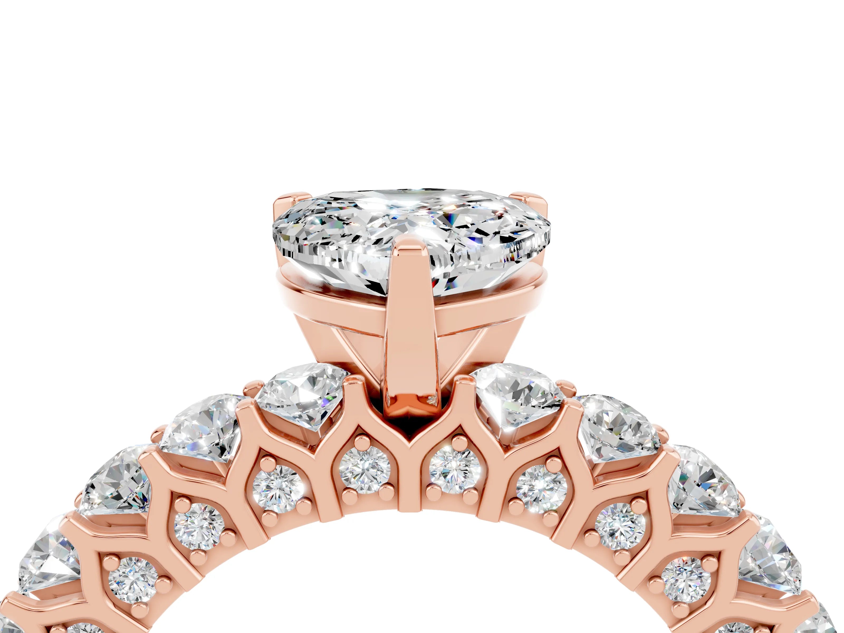 Rose gold Heart Cut Moissanite Solitaire Ring with Shared Prong Pavé Band and Four-Prong Setting_16