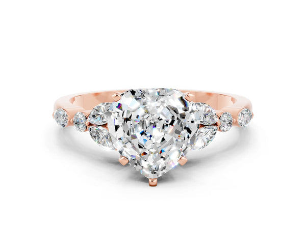 Rose gold Heart Cut Moissanite Solitaire Ring with Side Stones and Four-Prong Setting