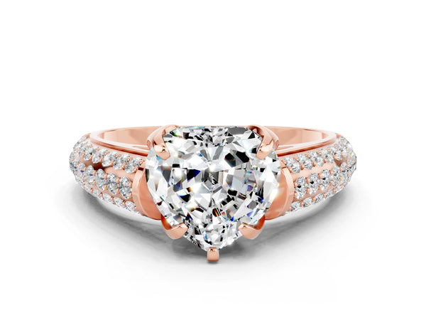 Rose gold Heart Cut Moissanite Solitaire Ring with Three-Row Pavé Band and Four-Prong Setting