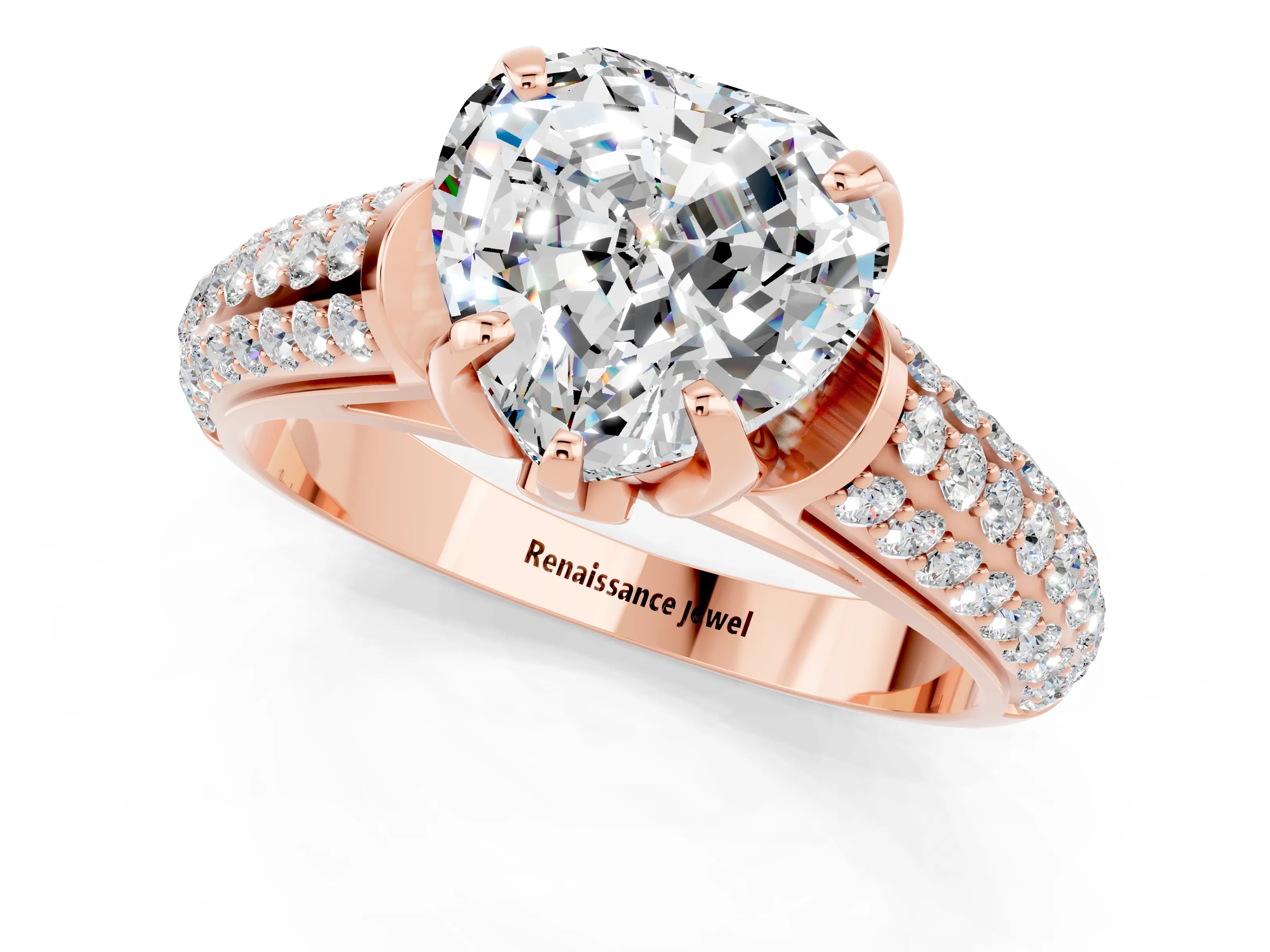 Rose gold Heart Cut Moissanite Solitaire Ring with Three-Row Pavé Band and Four-Prong Setting_13