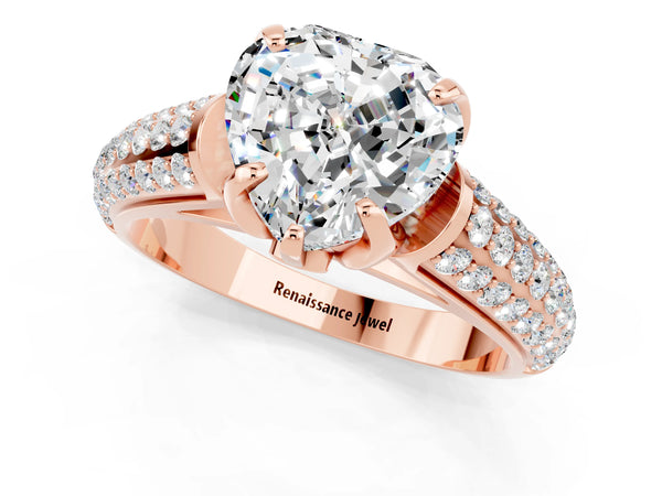 Rose gold Heart Cut Moissanite Solitaire Ring with Three-Row Pavé Band and Four-Prong Setting