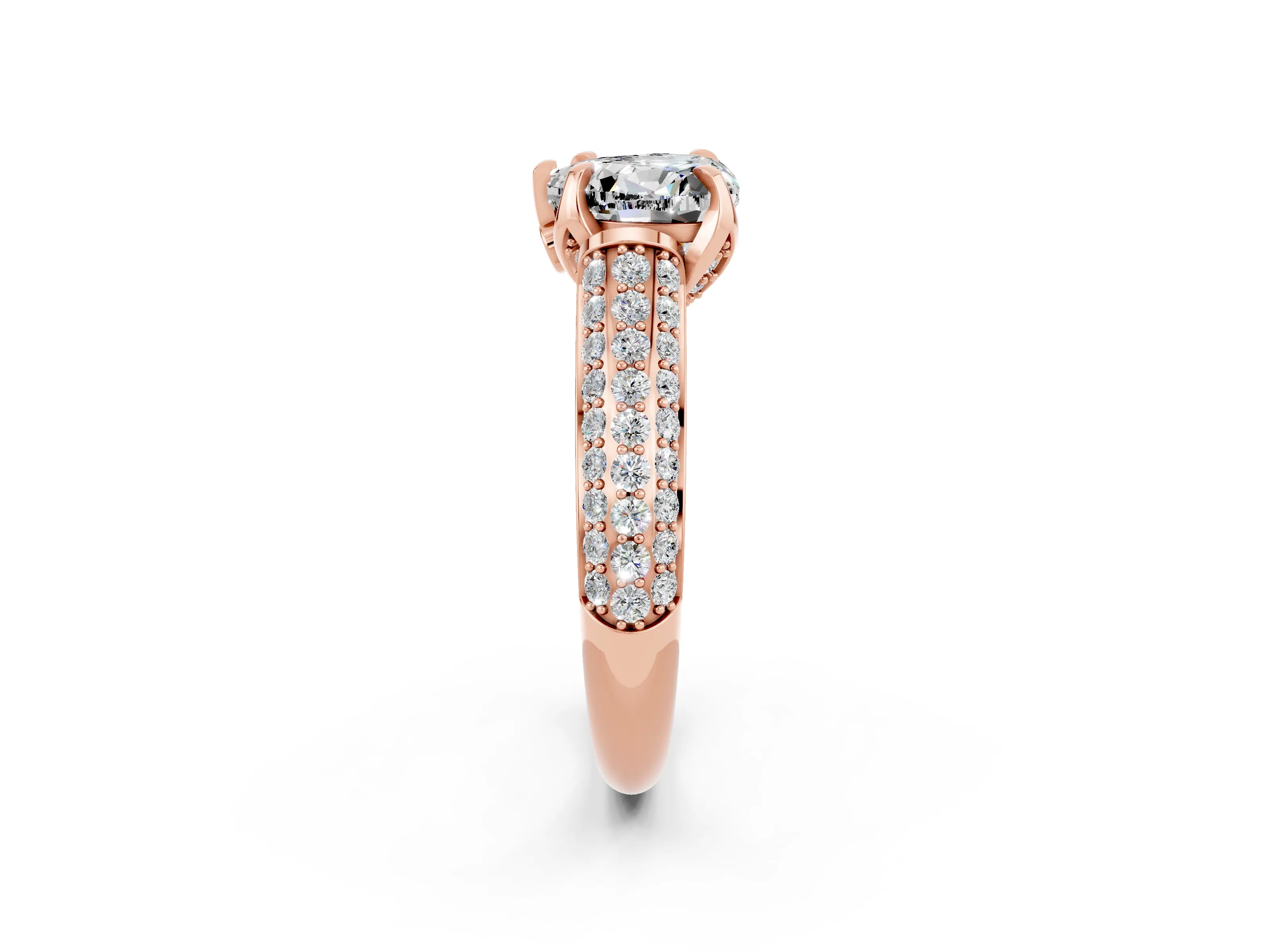Rose gold Heart Cut Moissanite Solitaire Ring with Three-Row Pavé Band and Four-Prong Setting_14