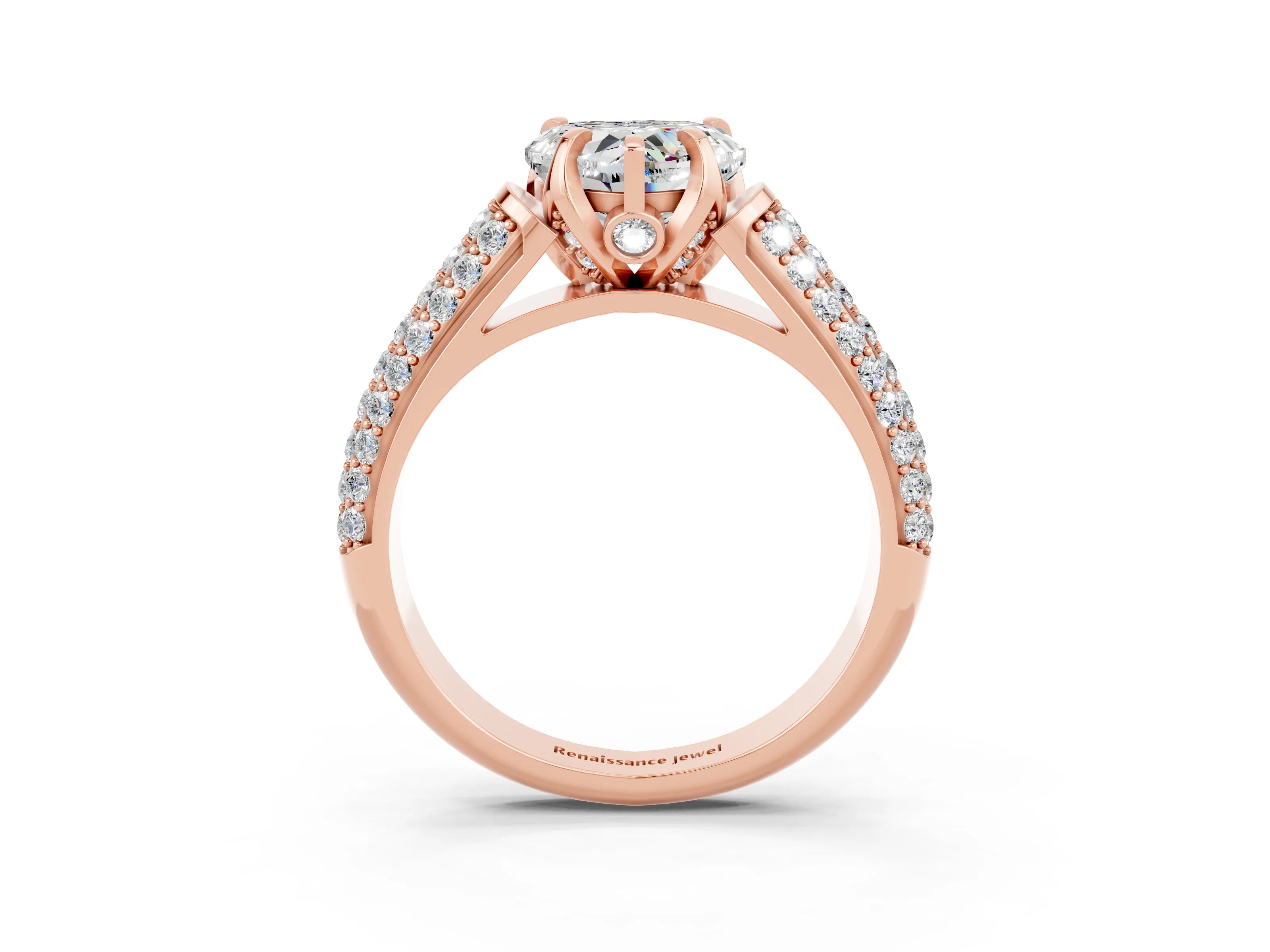 Rose gold Heart Cut Moissanite Solitaire Ring with Three-Row Pavé Band and Four-Prong Setting_15