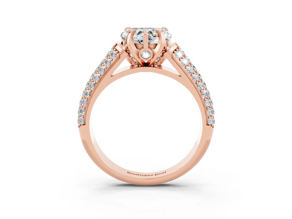Rose gold Heart Cut Moissanite Solitaire Ring with Three-Row Pavé Band and Four-Prong Setting