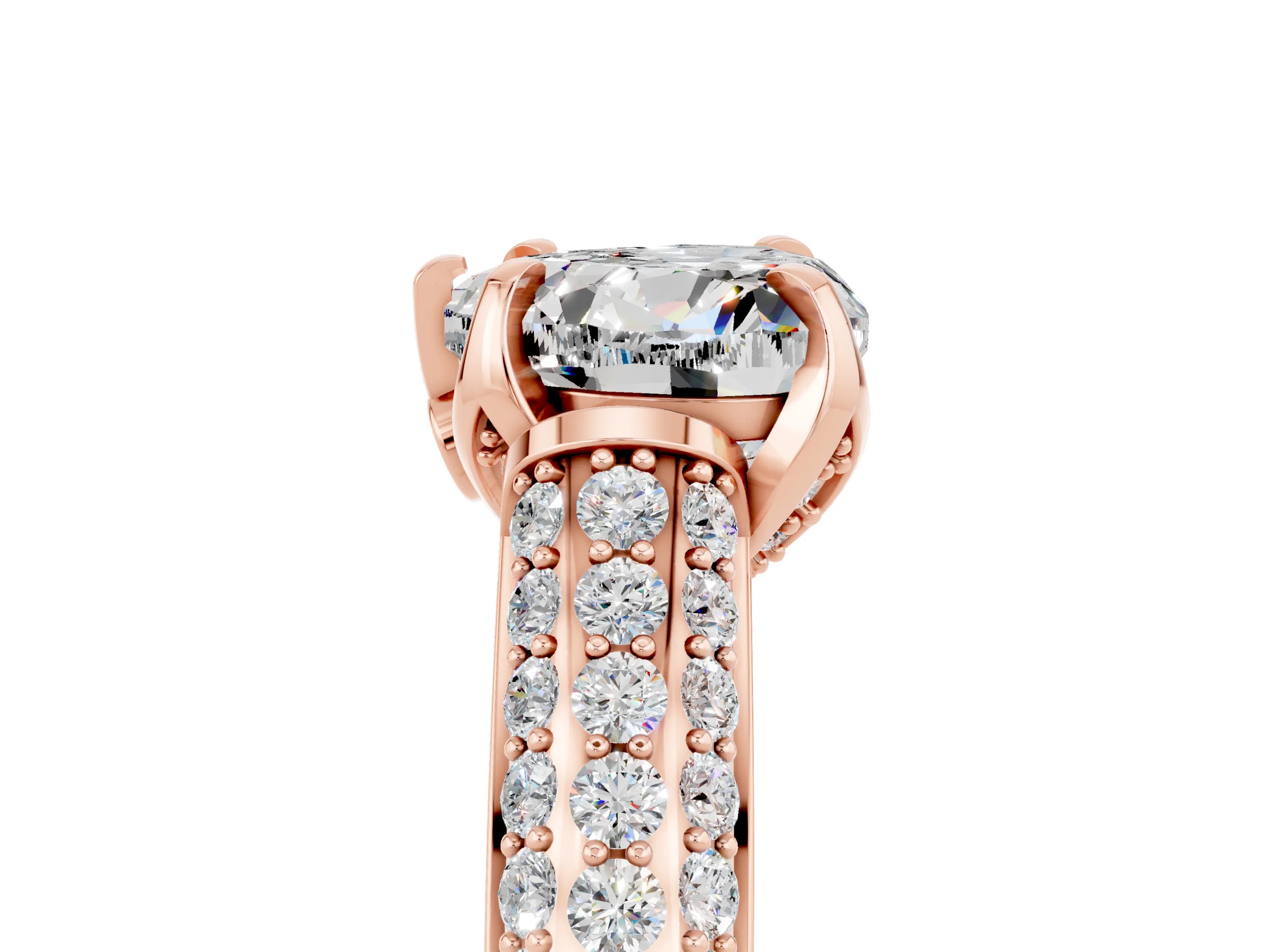 Rose gold Heart Cut Moissanite Solitaire Ring with Three-Row Pavé Band and Four-Prong Setting_17