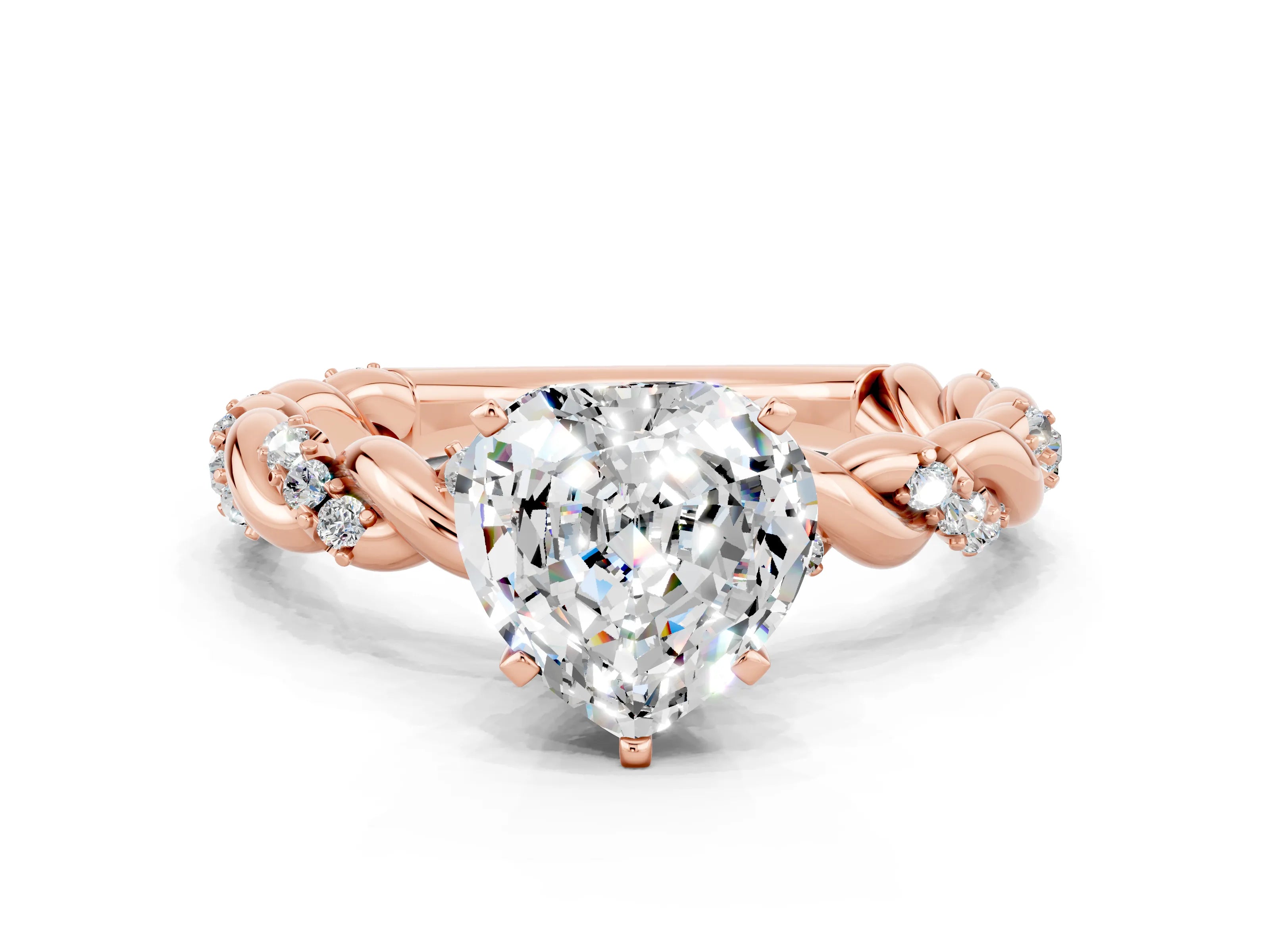 Rose gold Heart Cut Moissanite Solitaire Ring with Twisted Band and Pavé Accents