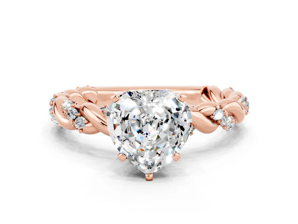 Rose gold Heart Cut Moissanite Solitaire Ring with Twisted Band and Pavé Accents