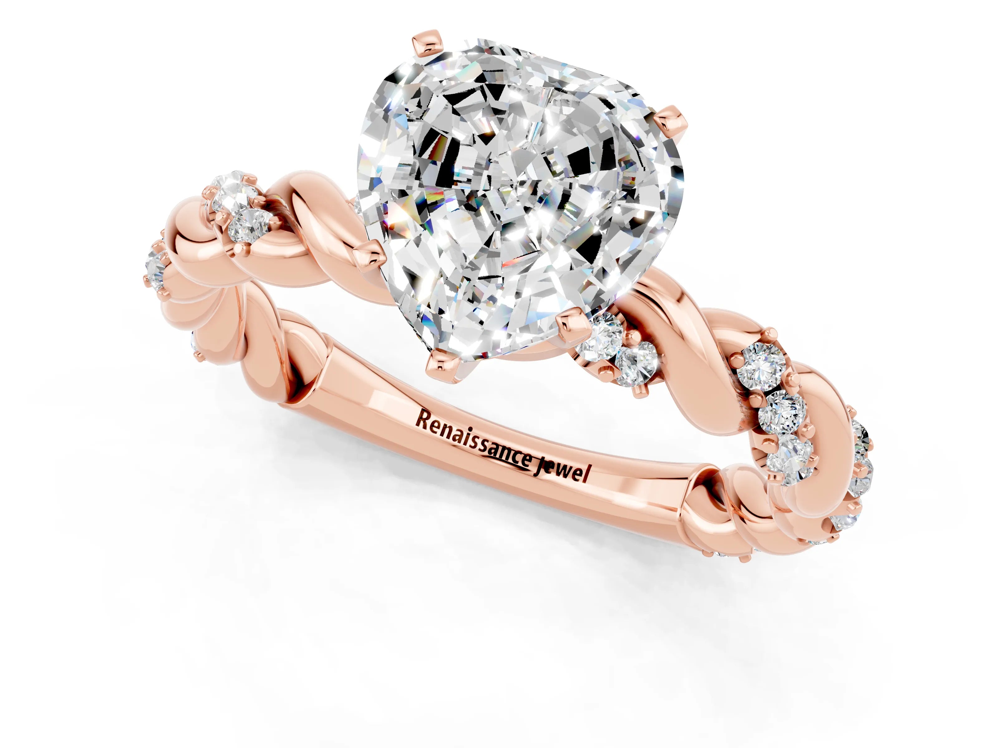 Rose gold Heart Cut Moissanite Solitaire Ring with Twisted Band and Pavé Accents_1