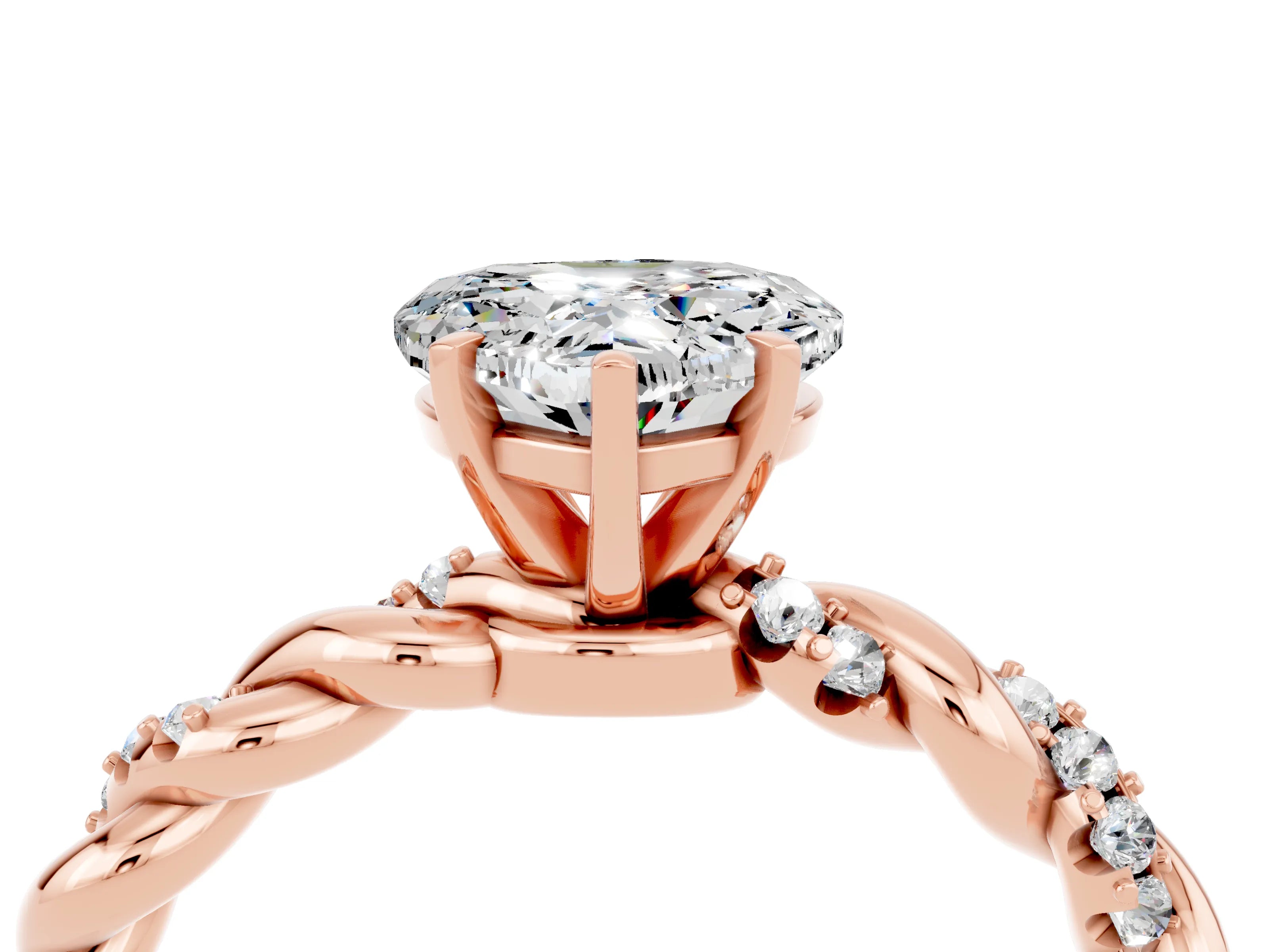 Rose gold Heart Cut Moissanite Solitaire Ring with Twisted Band and Pavé Accents_4