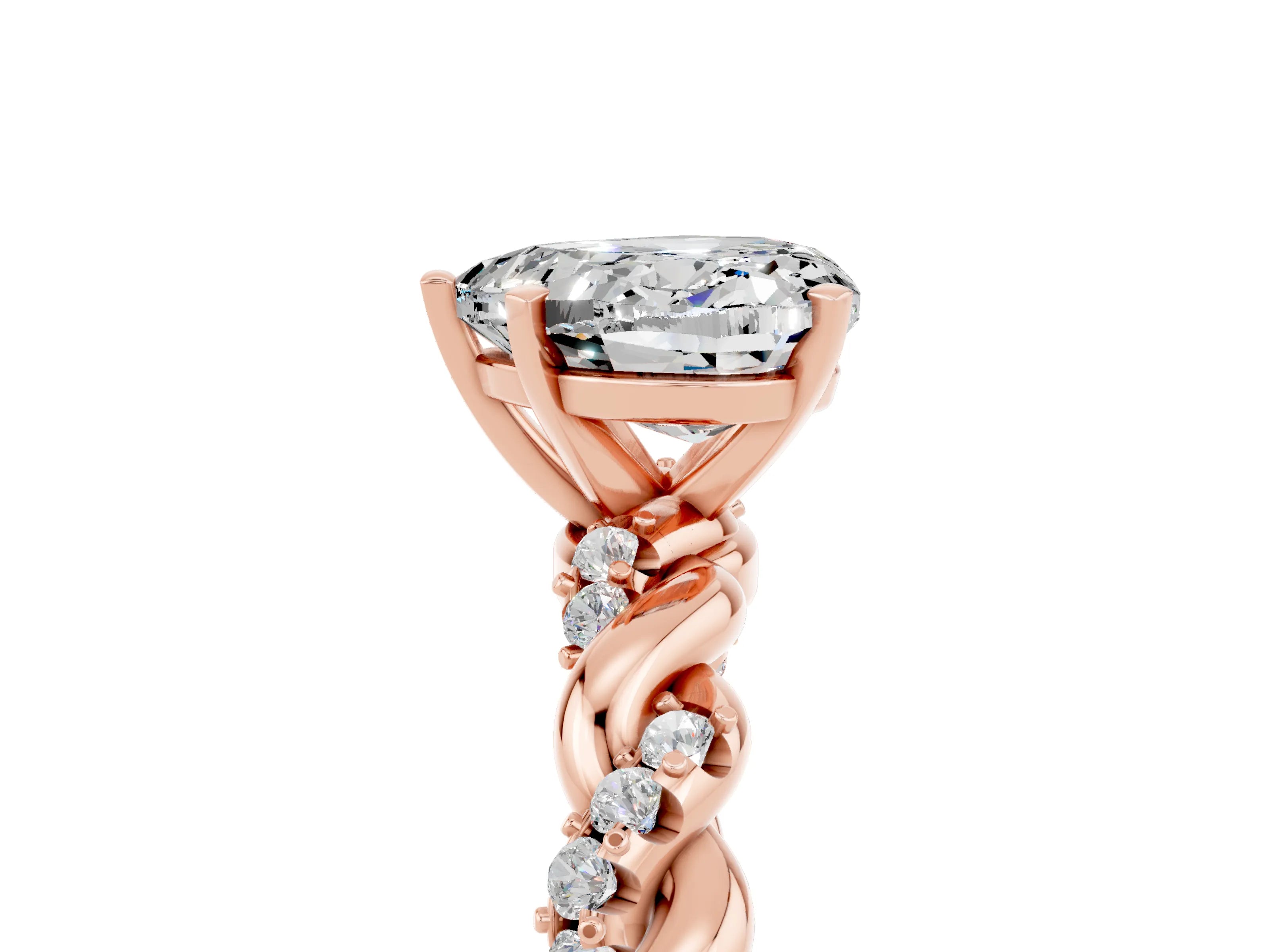 Rose gold Heart Cut Moissanite Solitaire Ring with Twisted Band and Pavé Accents_5