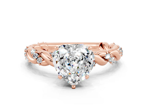 Rose gold Heart Cut Moissanite Solitaire Ring with Twisted Band and Pavé Accents