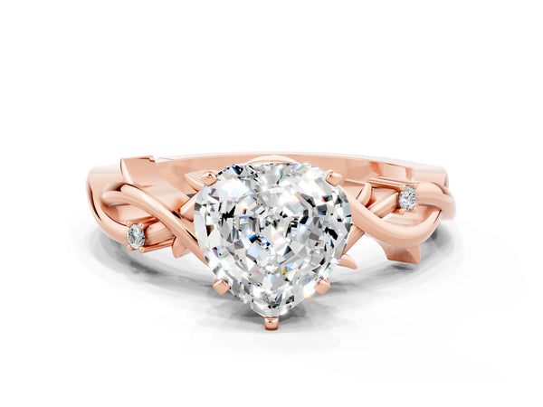 Rose gold Heart Cut Moissanite Solitaire Ring with Twisted Band and Prong Setting