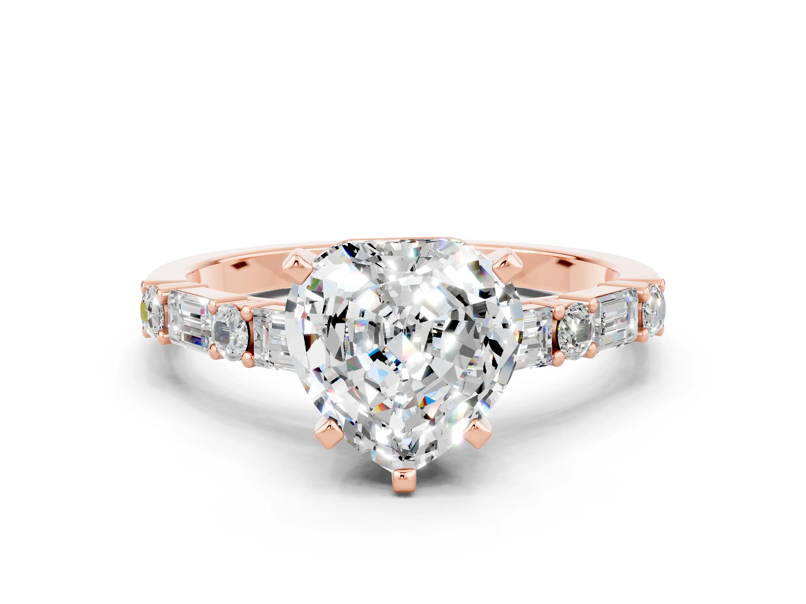 Rose gold Heart Cut Moissanite Solitaire with Side Baguettes and Channel Set Band