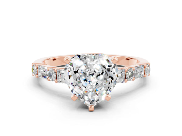 Rose gold Heart Cut Moissanite Solitaire with Side Baguettes and Channel Set Band
