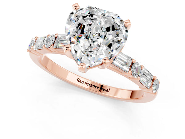 Rose gold Heart Cut Moissanite Solitaire with Side Baguettes and Channel Set Band