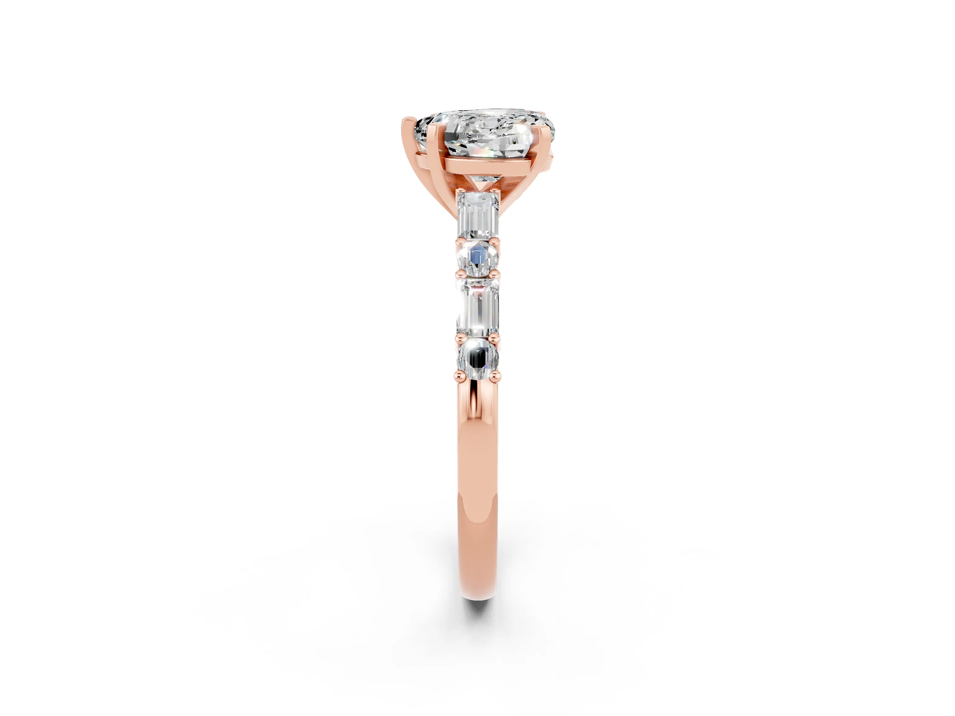 Rose gold Heart Cut Moissanite Solitaire with Side Baguettes and Channel Set Band_2