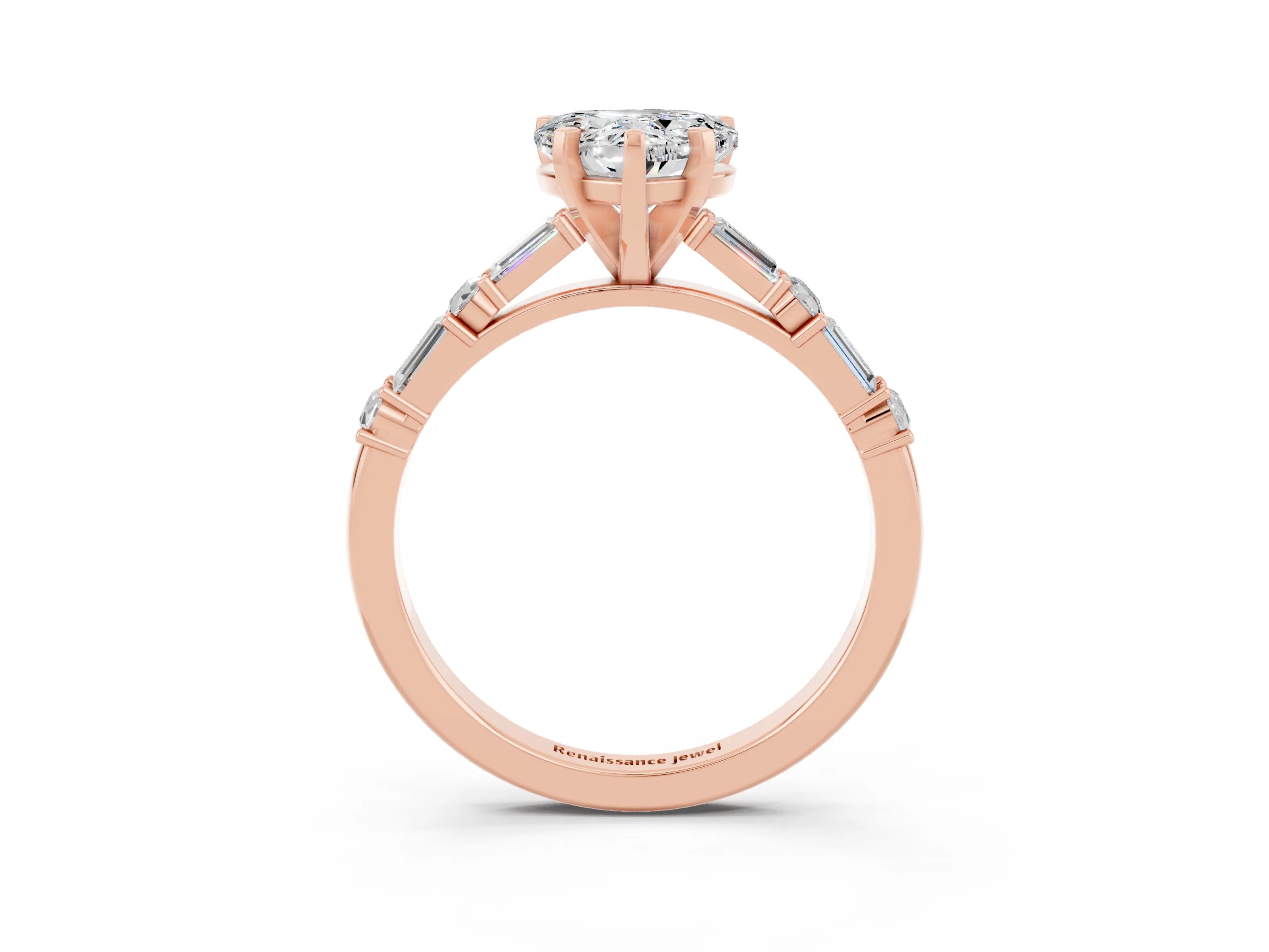 Rose gold Heart Cut Moissanite Solitaire with Side Baguettes and Channel Set Band_3