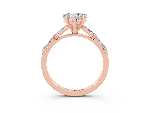 Rose gold Heart Cut Moissanite Solitaire with Side Baguettes and Channel Set Band