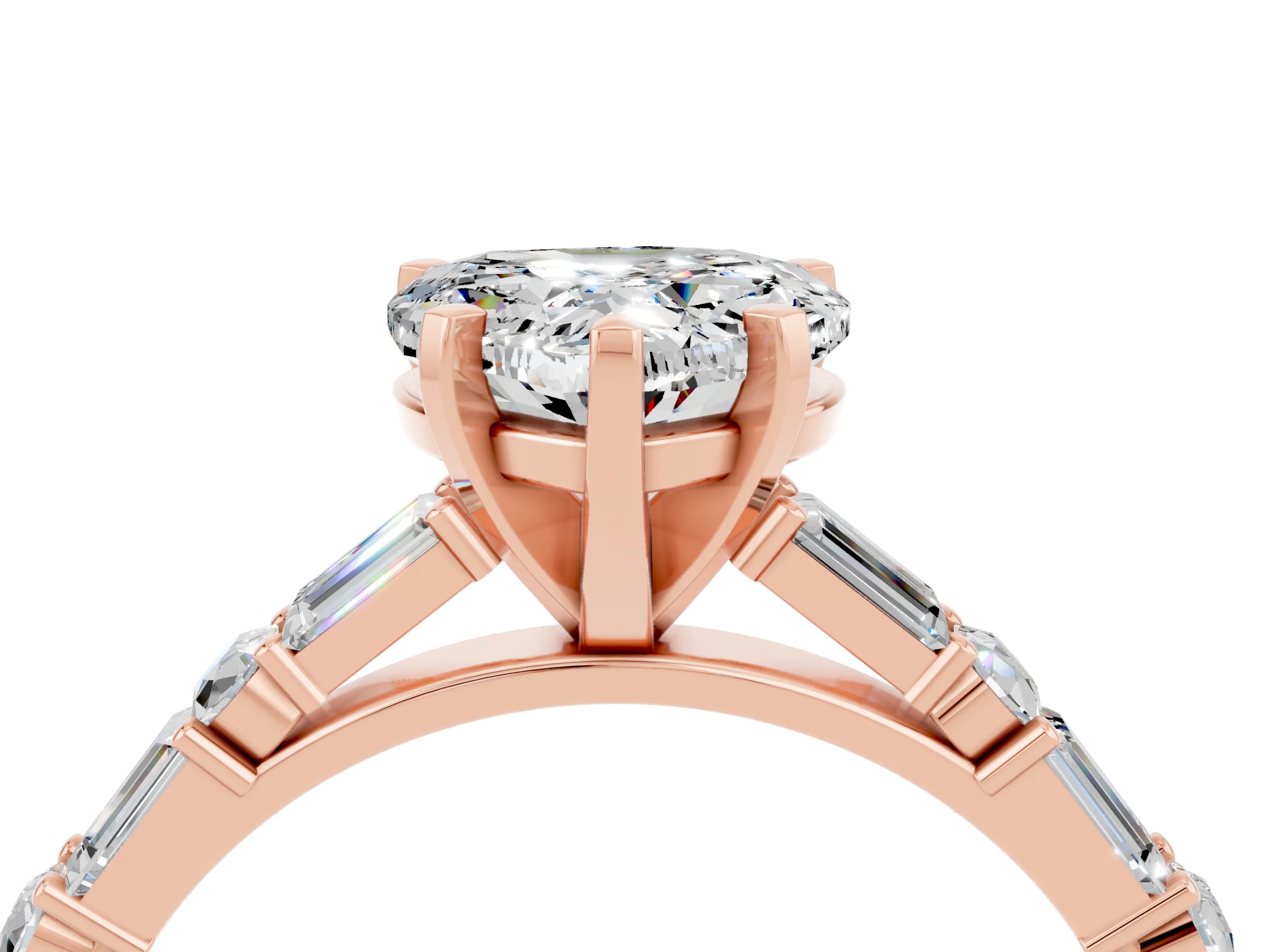 Rose gold Heart Cut Moissanite Solitaire with Side Baguettes and Channel Set Band_4