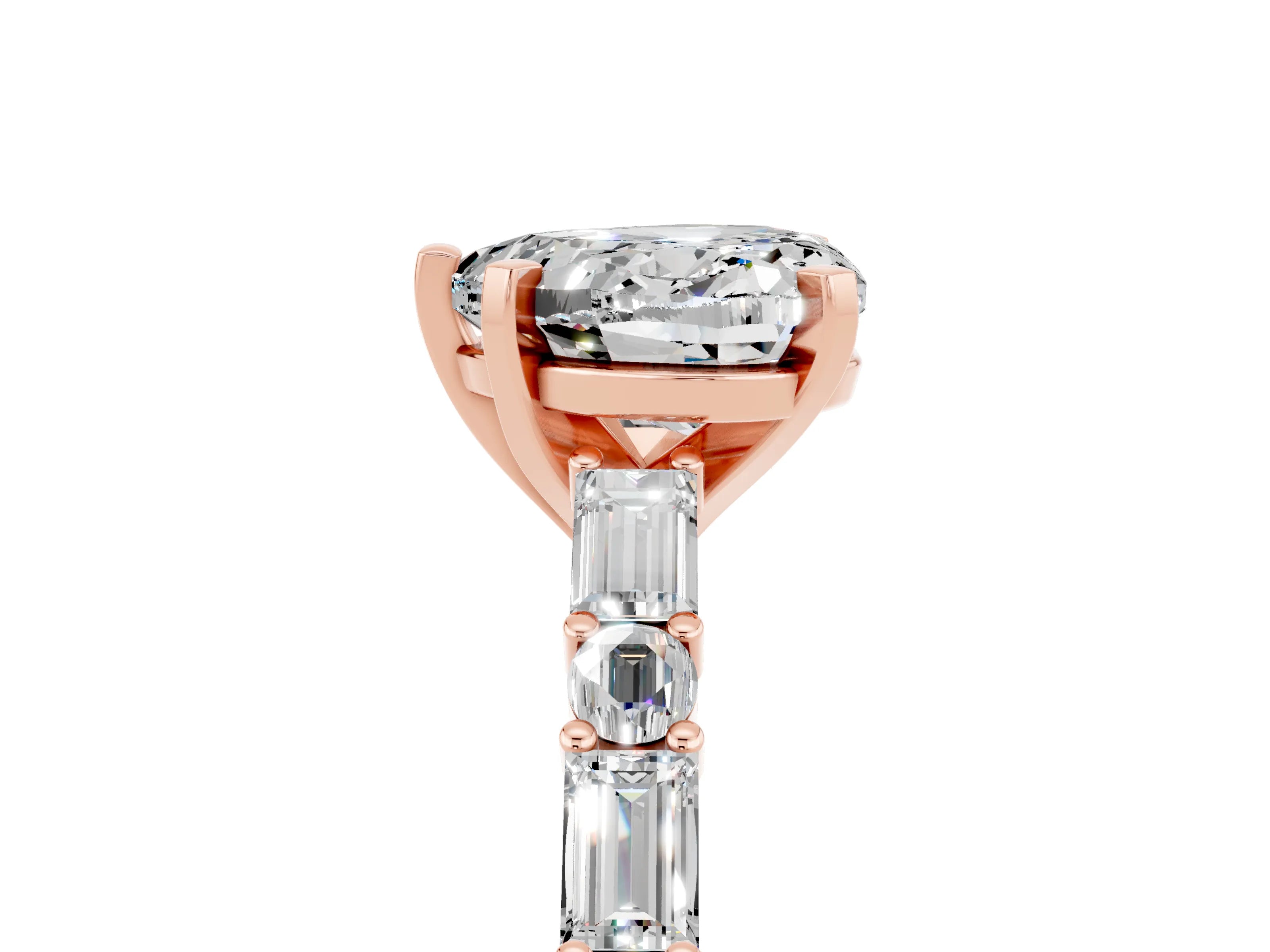 Rose gold Heart Cut Moissanite Solitaire with Side Baguettes and Channel Set Band_5