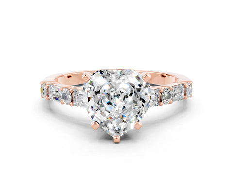 Rose gold Heart Cut Moissanite Solitaire with Side Baguettes and Channel Set Band