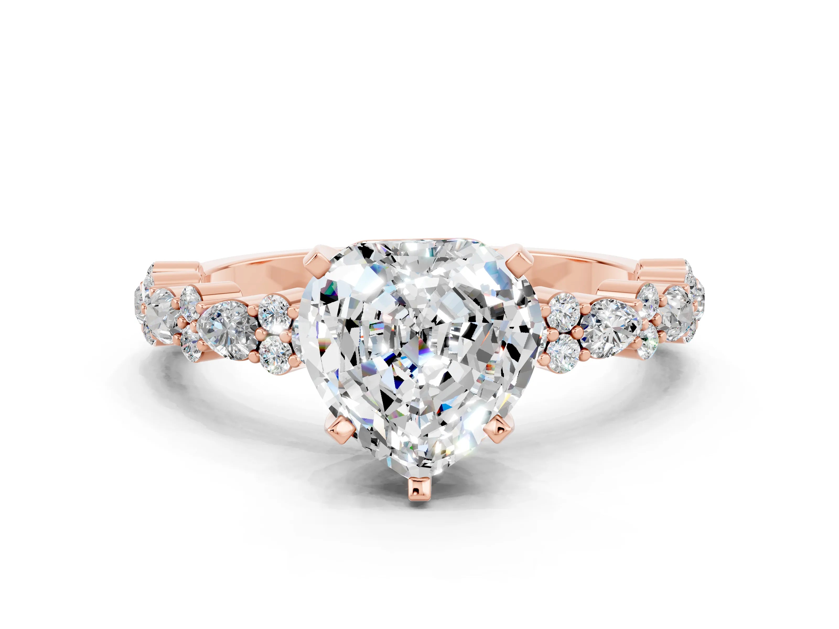 Rose gold Heart Cut Moissanite Solitaire with Side Stones, Pave Band, Four-Prong Setting_36