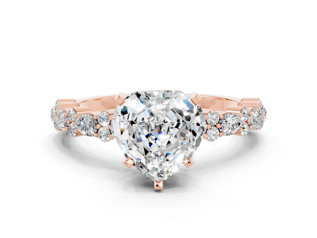 Rose gold Heart Cut Moissanite Solitaire with Side Stones, Pave Band, Four-Prong Setting_36