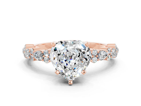 Rose gold Heart Cut Moissanite Side Stone Solitaire Ring with Round  and Four-Prong Setting